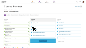 A middle school course planner. There is a column for each grade with subjects. A cursor is clicking the + sign next to "Add Math 7".